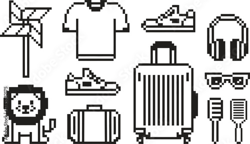 Pixel art icons of travel and leisure items for summer vacation