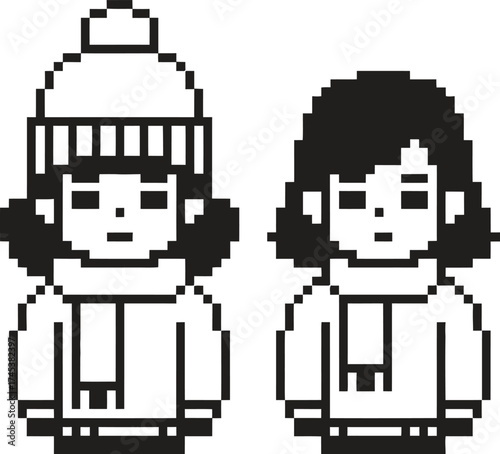 Two pixel art characters wearing winter hats and scarves
