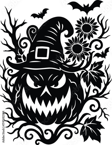 Halloween Pumpkin Witch Hat | Jack O Lantern Face Pumpkin | Spooky Bat Silhouete	