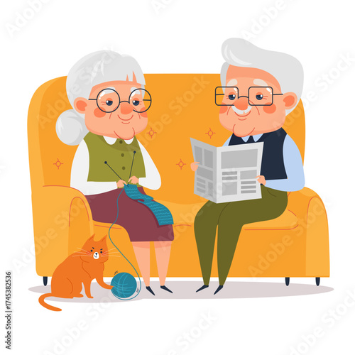 Cute elderly couple sitting on a sofa. Grandma knitting, grandpa reading a newspaper, orange cat playing near them. Cozy home scene, retired life, family comfort and happiness concept