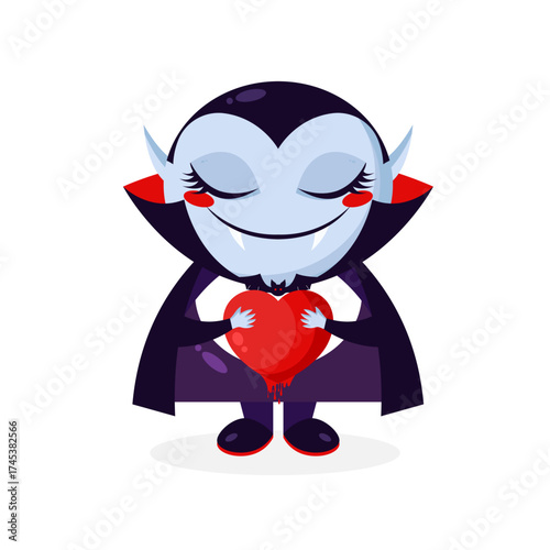 Cute cartoon Dracula vampire with a bloody heart. Dracula character in love. Vector illustration