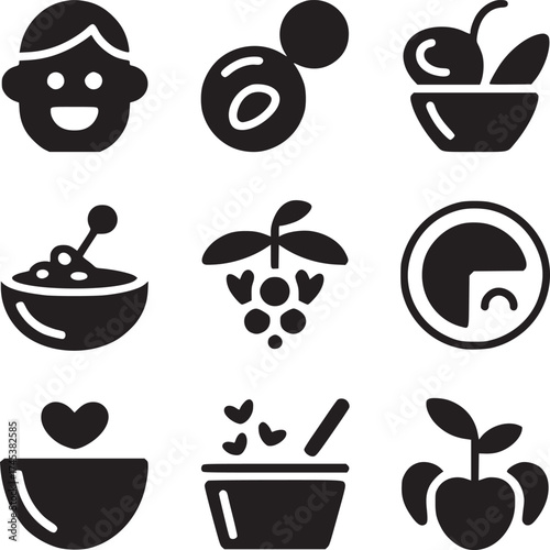 A collection of nine black and white icons featuring food, a face, and other assorted symbols