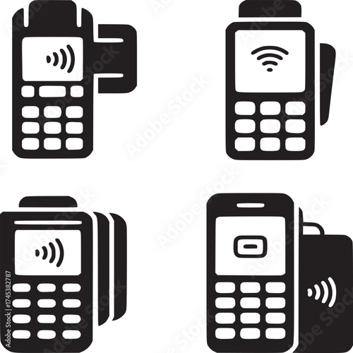 Four black and white pos terminal icons showing different card payment methods on a white background