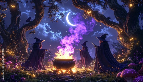 Mystical Witches Casting Spells Around Cauldron – Enchanted Forest Halloween Magic Scene with Glowing Runes and Raven