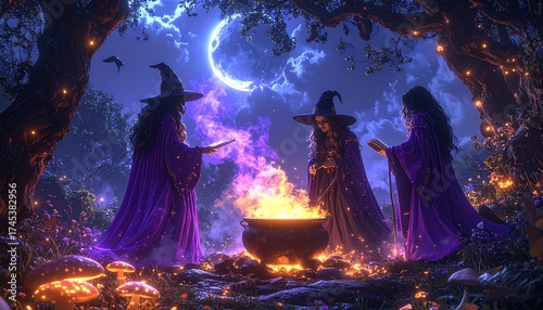 Mystical Witches Casting Spells Around Cauldron – Enchanted Forest Halloween Magic Scene with Glowing Runes and Raven
