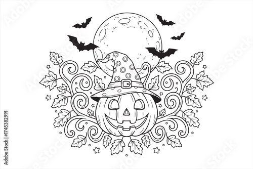 Halloween Pumpkin Moon Bats Witch Hat Vines Stars Line Art Illustration