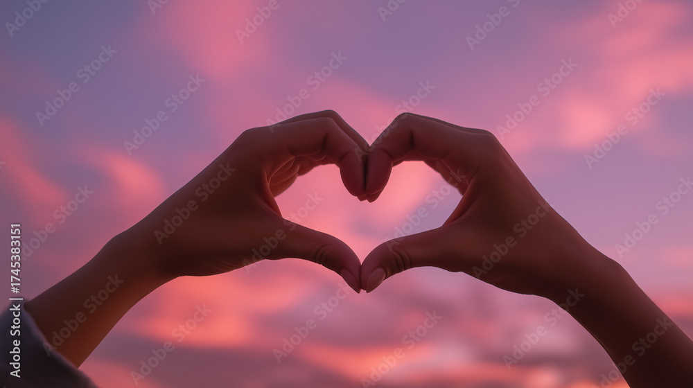 Fototapeta premium Hands forming heart shape against pink sunset sky.