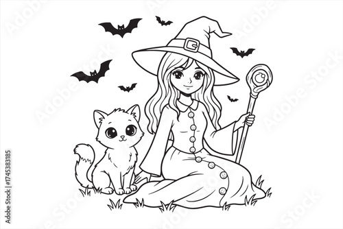 Halloween Witch Cat Staff Bats Moon Sitting Line Art Illustration