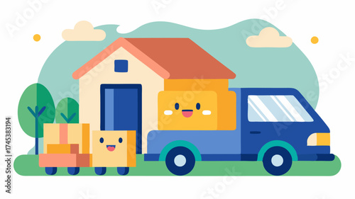 A delivery truck parked outside a house with smiling characters unloading packages symbolizing the home delivery aspect of ecommerce.