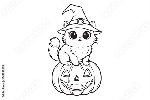 Halloween Cat Pumpkin Witch Hat Cute Cartoon Illustration