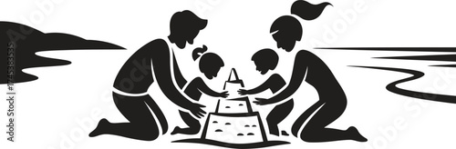 Family building sandcastle on beach vacation silhouette