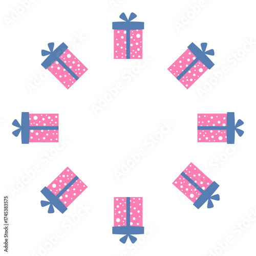 Round holiday frame with  beautiful pink gift and  blue ribbon. Happy birthday, Christmas, New Year. Flat vector design.