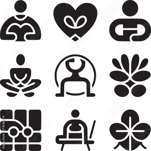 Collection of diverse black silhouette icons including people heart flower and abstract designs on white