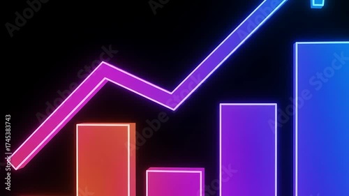 Abstract neon graph illustration showing upward trend with colorful bars on a dark background