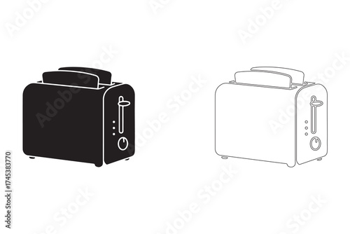 Toaster illustration in black and white side by side offering different artistic representation and visual appeal for kitchen appliance themes