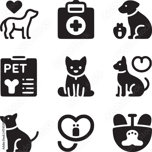 Collection of pet related icons including dogs cats and veterinary symbols in black and white style