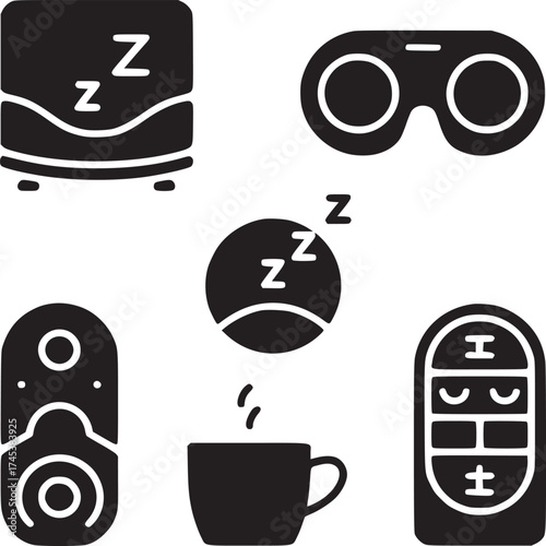 Black and white icons of a bed with zzz's, goggles, a ball, a remote, coffee, and a sleeping mask