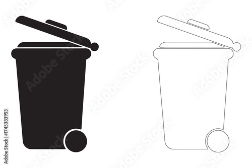 Trash Can Black Silhouette and Outline Illustration Symbolizing Waste Management and Recycling Solutions Depicting Container Icons