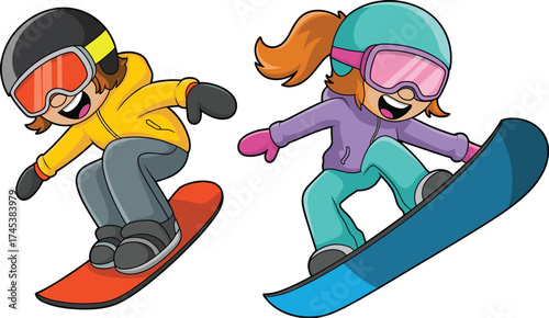 Cute cartoon illustration of boy and girl snowboarding together, fun winter sports activity, colorful kids snowboarding vector design for animation