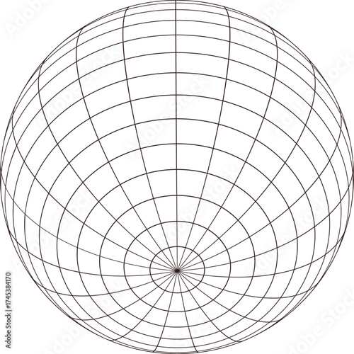 Wireframe globe grid with concentric circles and meridians on white background