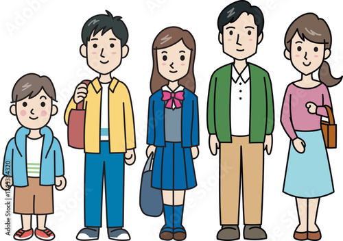 人物素材　仲の良いほのぼの5人家族　