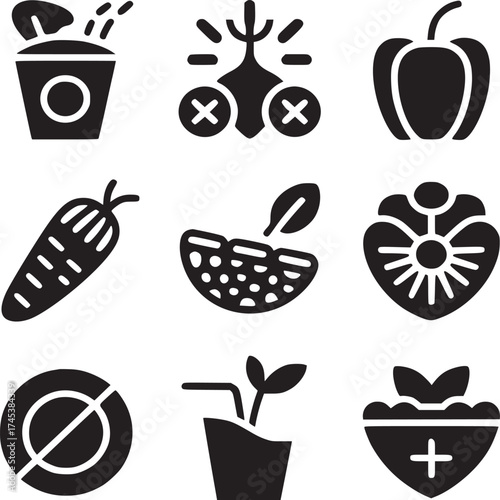 A collection of nine black and white icons featuring various food and health related symbols on white