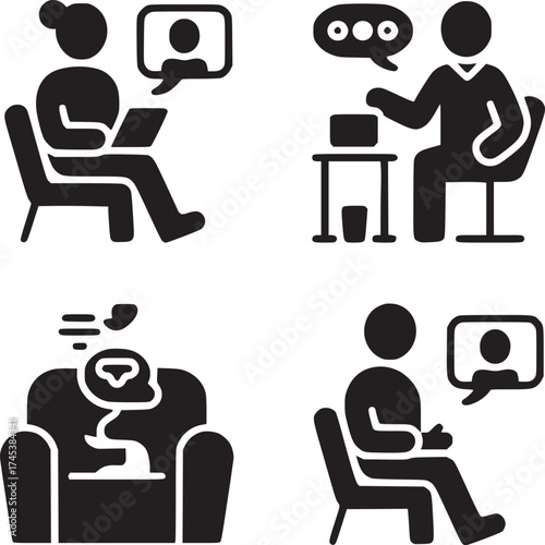 Four black and white icons depicting therapy sessions including online and in person consultations scenes