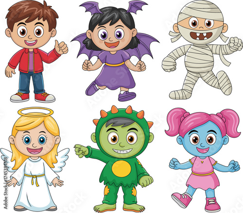 Cute cartoon kids in Halloween costumes angel, mummy, vampire, monster, and zombie, colorful funny character design for holiday illustration