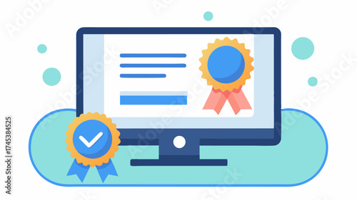 A digital badge and certificate on a monitor symbolizing attendee participation and achievement in a virtual conference.