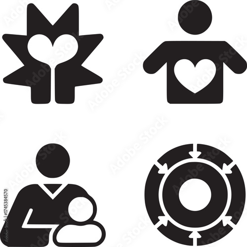 Four black and white icons depicting love, family, health, and focus on a white background square