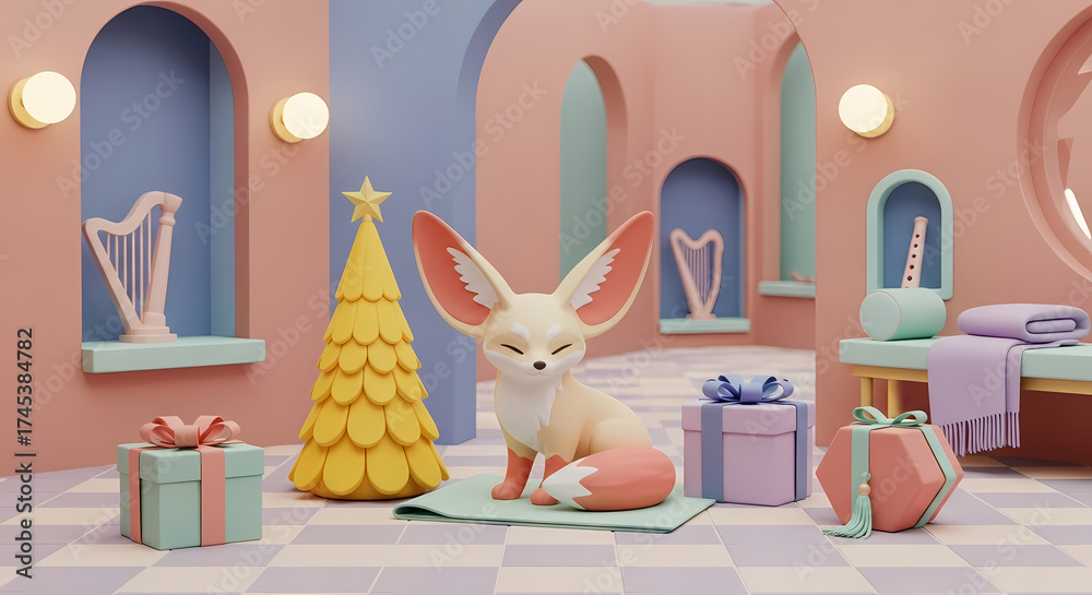 Fototapeta premium Whimsical fennec fox figurine with gifts and musical instruments in a dreamy pastel architectural setting