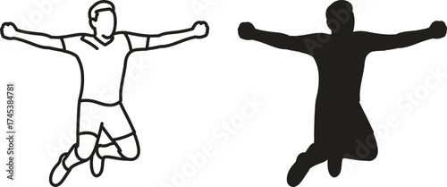 Soccer player celebrating victory with arms outstretched in silhouette and outline