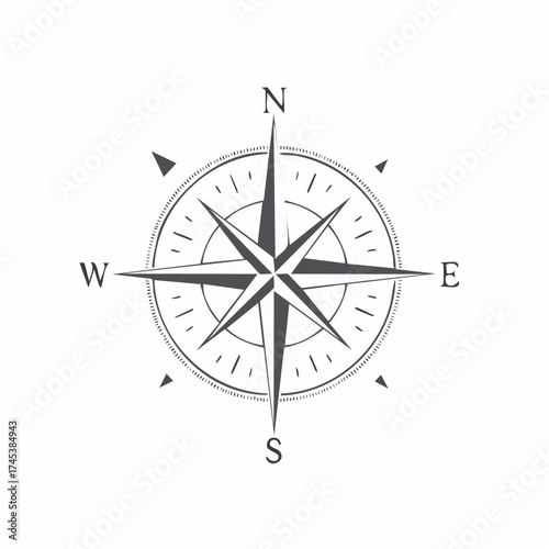 A detailed illustration of a compass rose, showing cardinal directions and intermediate points.