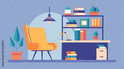 A corner workspace set up with a cozy chair compact desk and floating shelves adorned with books and decorative items to enhance productivity.