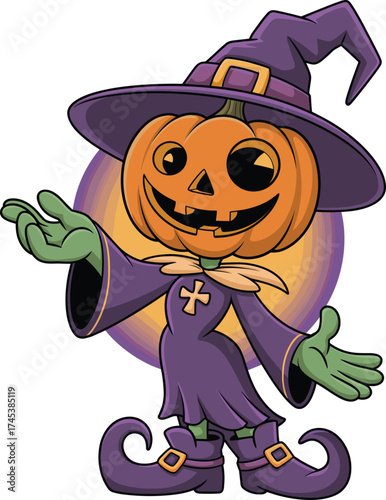 Cute cartoon pumpkin head character wearing purple witch costume and hat, funny Halloween mascot illustration for spooky holiday design