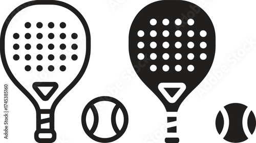 Two padel tennis rackets and balls icon set