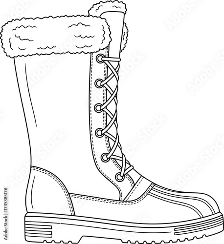Winter boot with fur trim and laces in a line art illustration