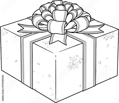 Gift box with snowflake pattern and ribbon bow in black and white