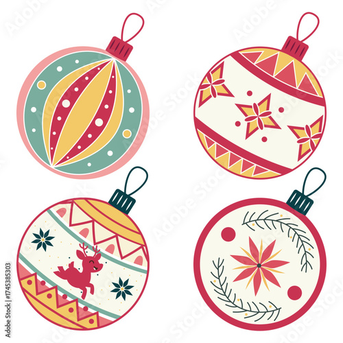 Merry & Bright Ornaments. A whimsical set of four Christmas ornaments in retro folk-art style, featuring reindeer, stars, floral motifs, and festive patterns. Perfect for holiday cards