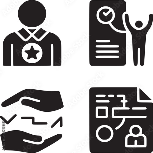Four black and white icons depicting a person a checklist hands and a planning document in glyph style