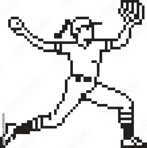 Pixel art baseball pitcher in action throwing a ball