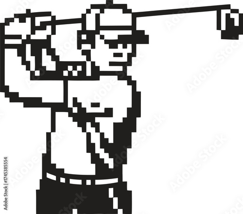 Pixel art golfer swinging a club in a retro video game style