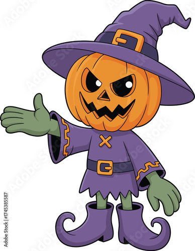 Cute cartoon pumpkin head character wearing purple witch costume and hat, funny Halloween mascot illustration for spooky holiday design
