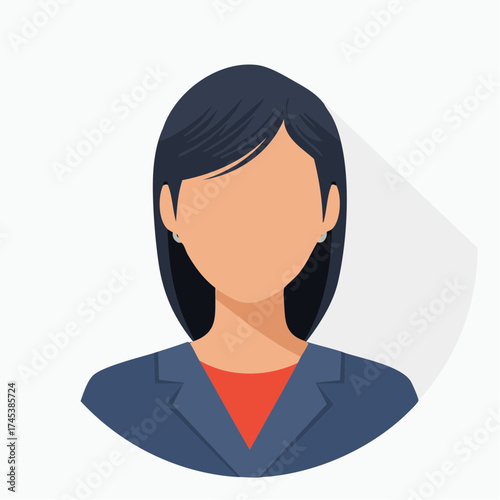 Illustration of a woman in a business suit with short dark hair and no face.