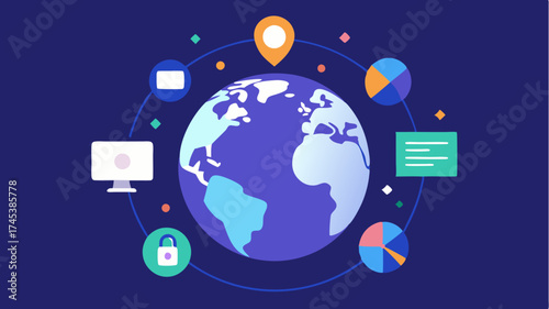 A digital globe surrounded by icons of various virtual tools and software emphasizing global participation in online events.