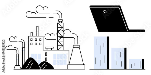 Factory emitting smoke alongside coal piles, bar chart highlighting performance data, and laptop implying data analytics. Ideal for industry, sustainability, technology, efficiency, growth, analysis