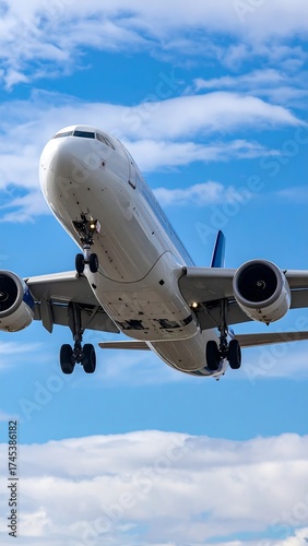 Upward perspective of a commercial aircraft under a partly cloudy sky