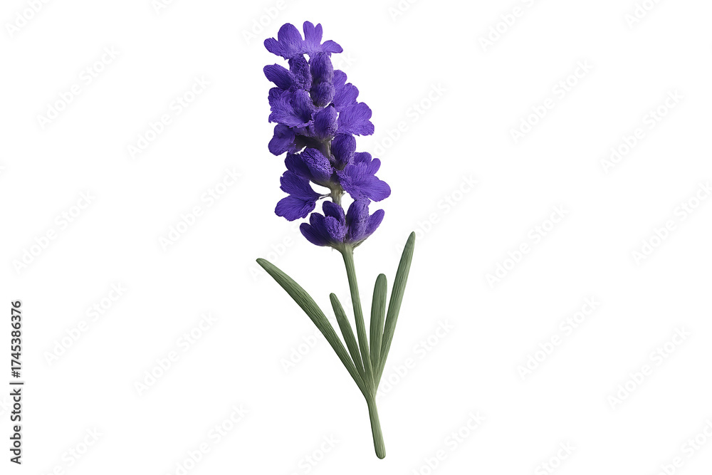 Obraz premium Fresh lavender flower stem with purple blossoms isolated on white background suitable for aromatherapy, wellness, herbal, spa, natural, eco, botanical, and floral design uses
