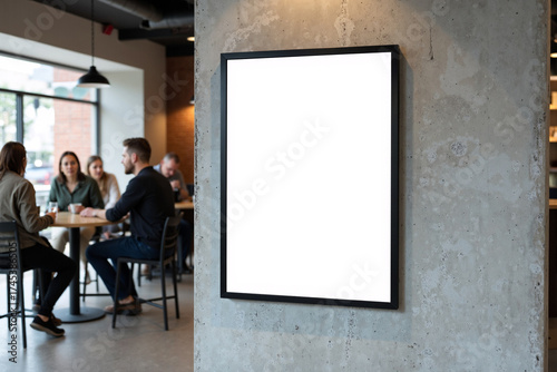 Blank white poster in a black frame mockup hanging on a concrete wall in a modern cafe for displaying a menu advertisement or art