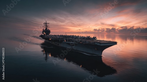 Aircraft carrier on the ocean at sunset with reflection and dramatic sky